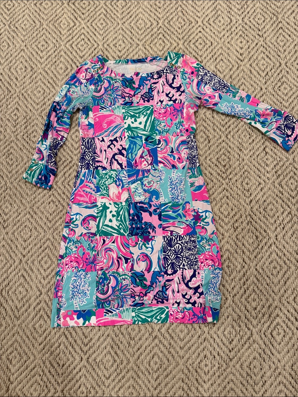 Lilly Pulitzer Pink, Blue & Teal Patchwork Print Mini Dress